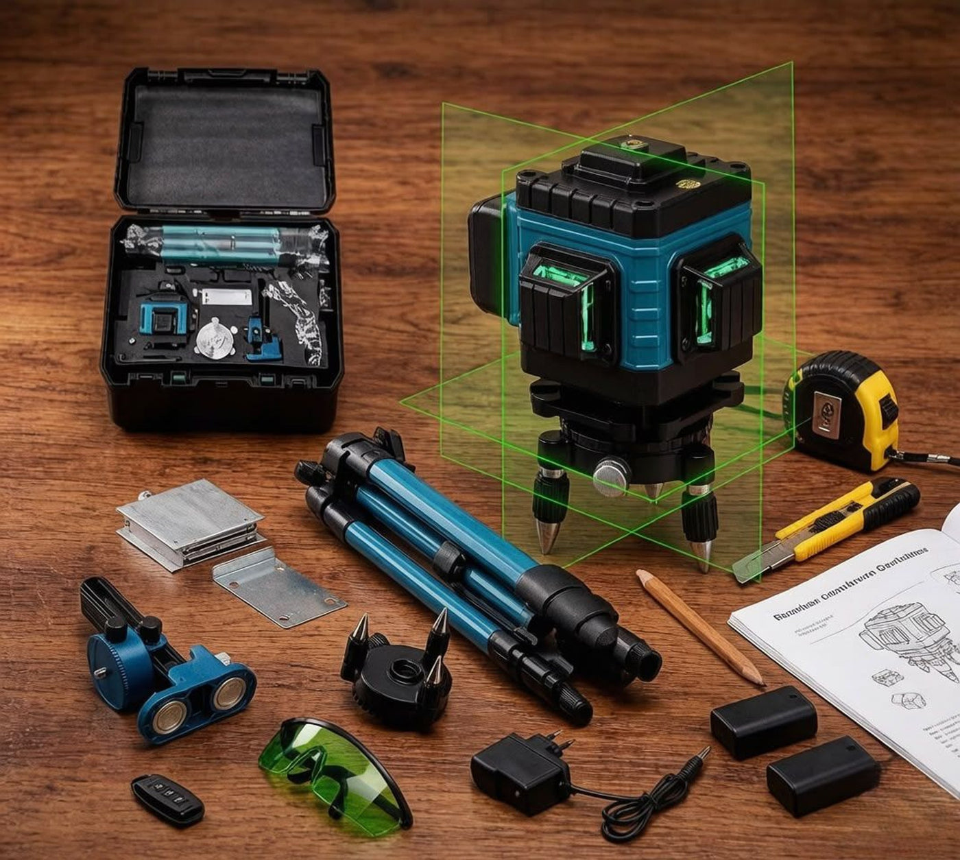 3D krížový laser so zeleným lúčom a statívom