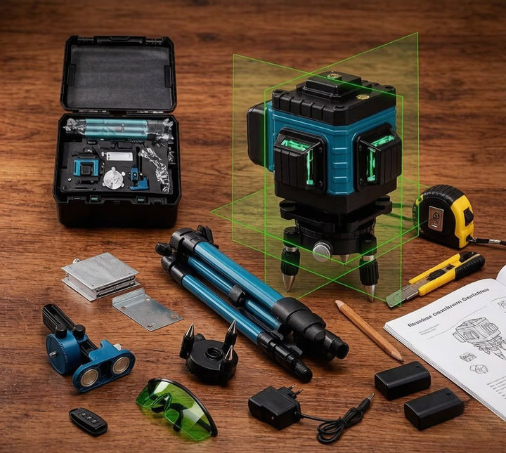 3D krížový laser so zeleným lúčom a statívom