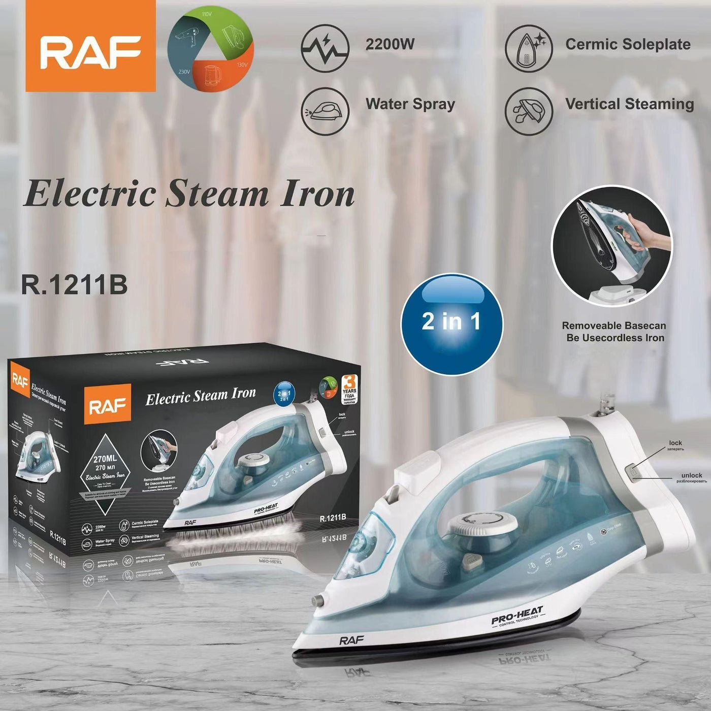 Naparovacia žehlička RAF 2200 W, bezdrôtová aj káblová 2 v 1 (R.1211B)