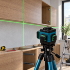 3D zelený krížový laser pri presnom vyrovnávaní kuchynských skriniek