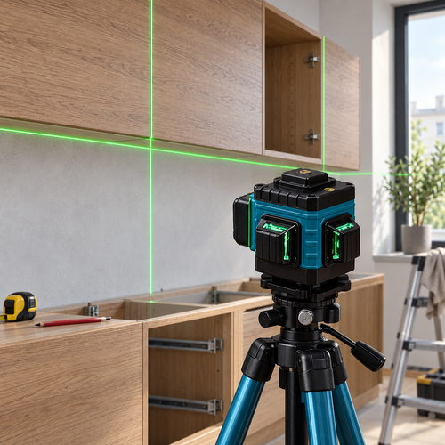 3D zelený krížový laser pri presnom vyrovnávaní kuchynských skriniek