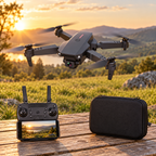 Skladací dron E88 Pro s ovládačom a kufríkom v prírode