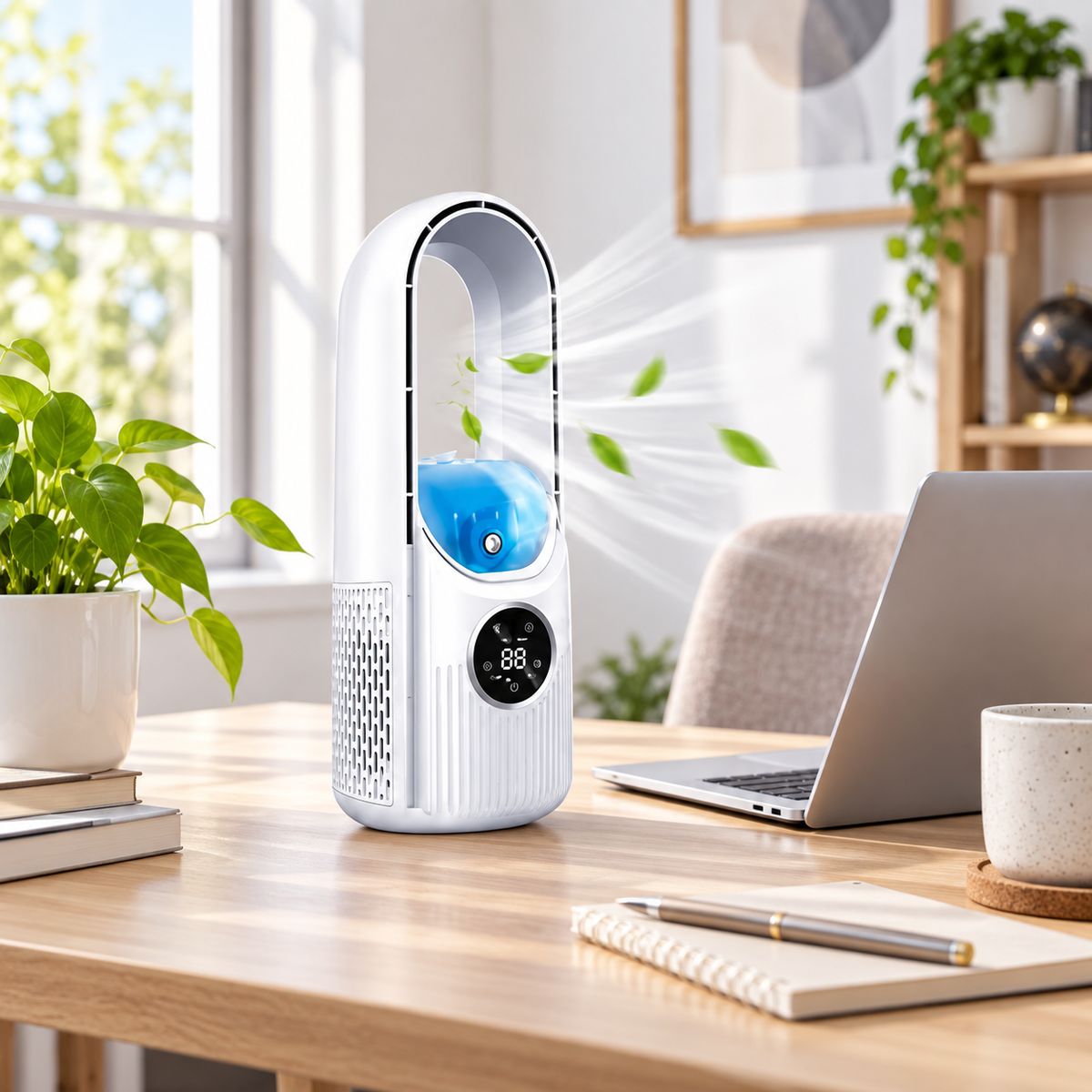 Bezlopatkový stolový ventilátor v domácej kancelárii