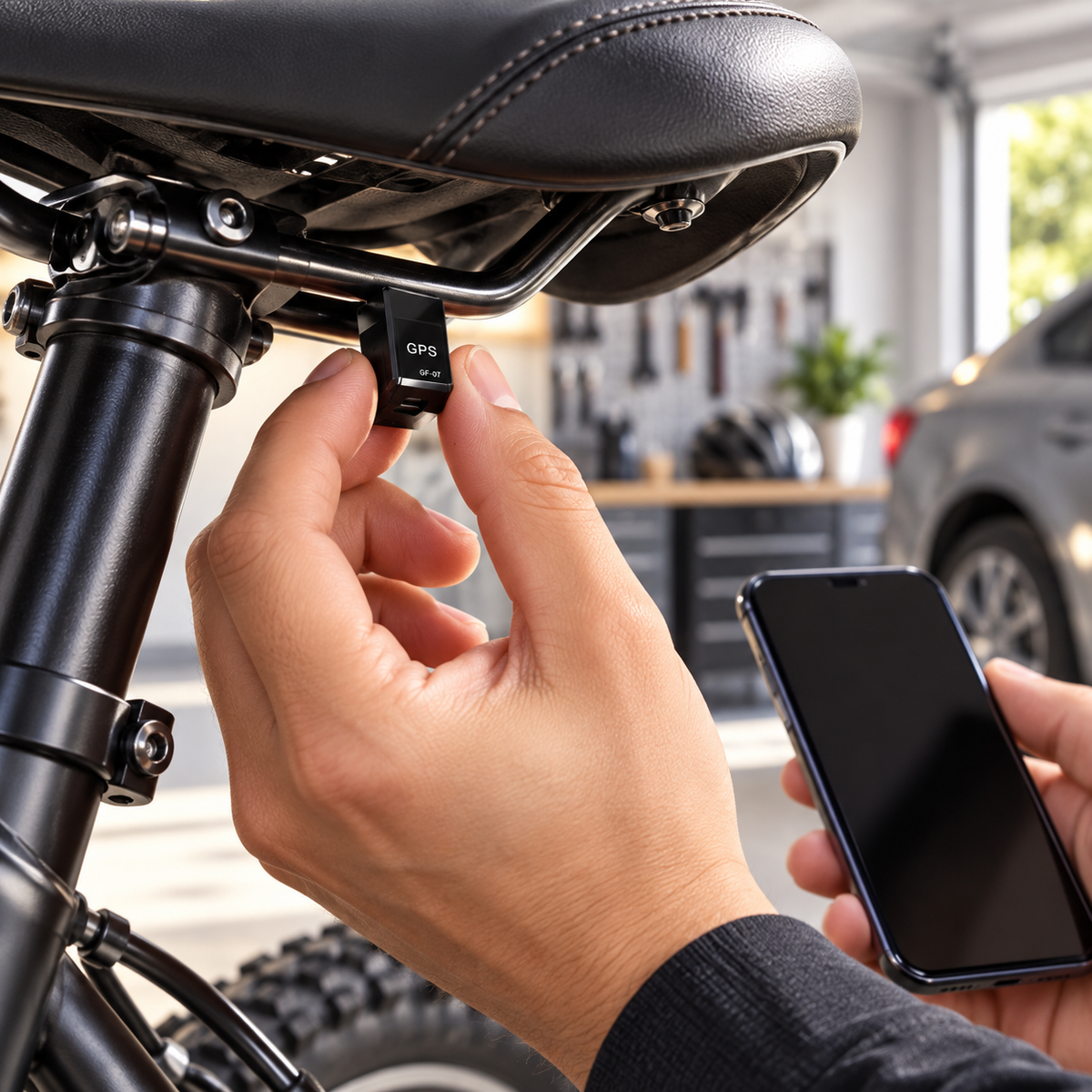 Mini magnetický lokátor GF-07 upevnený pod sedlom bicykla