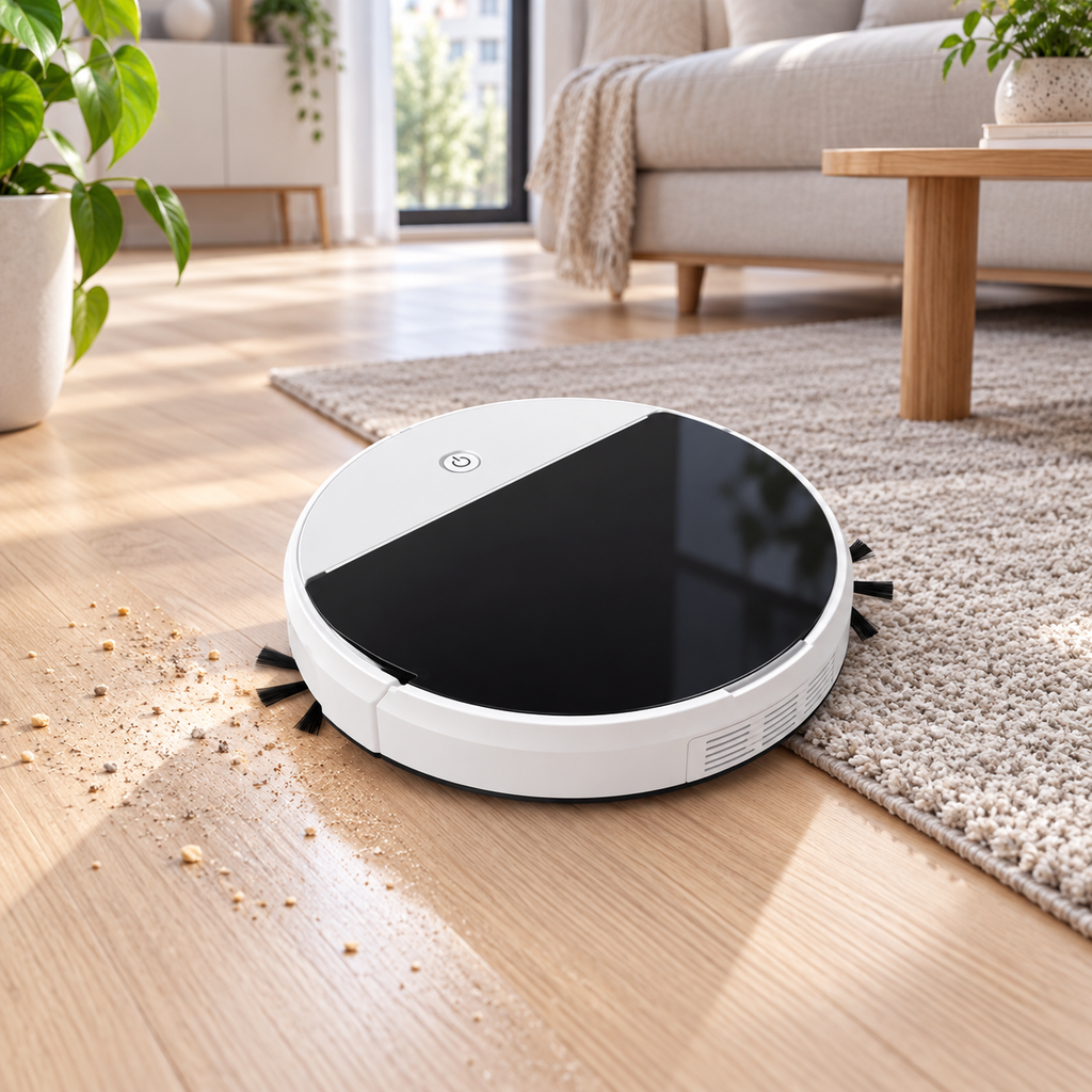 Robotický vysávač a mop pri čistení drevenej podlahy