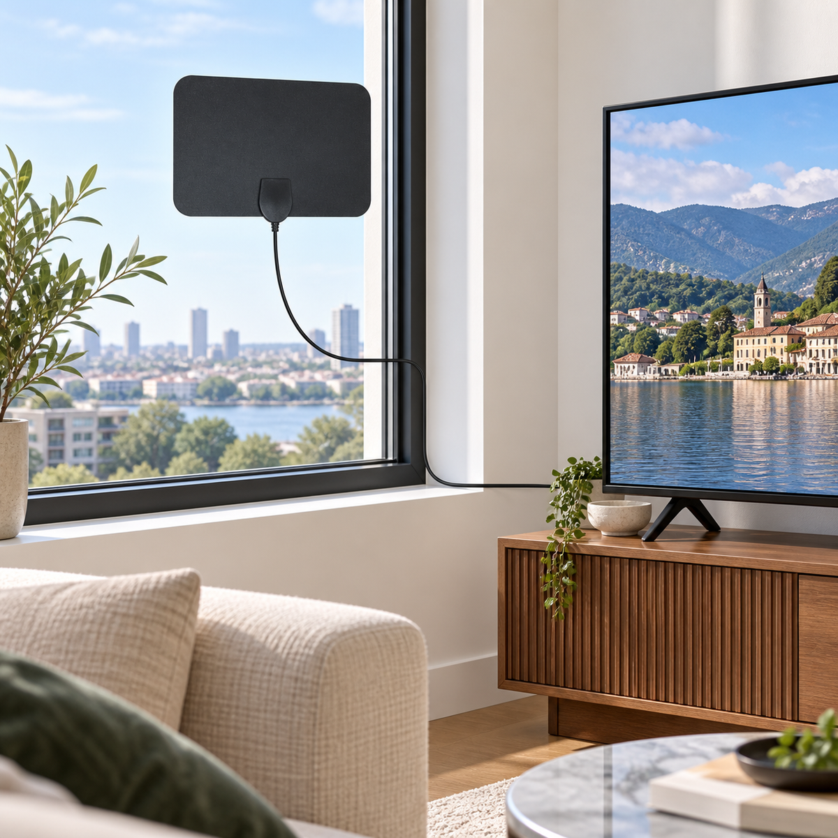 Izbová digitálna TV anténa nainštalovaná na okne